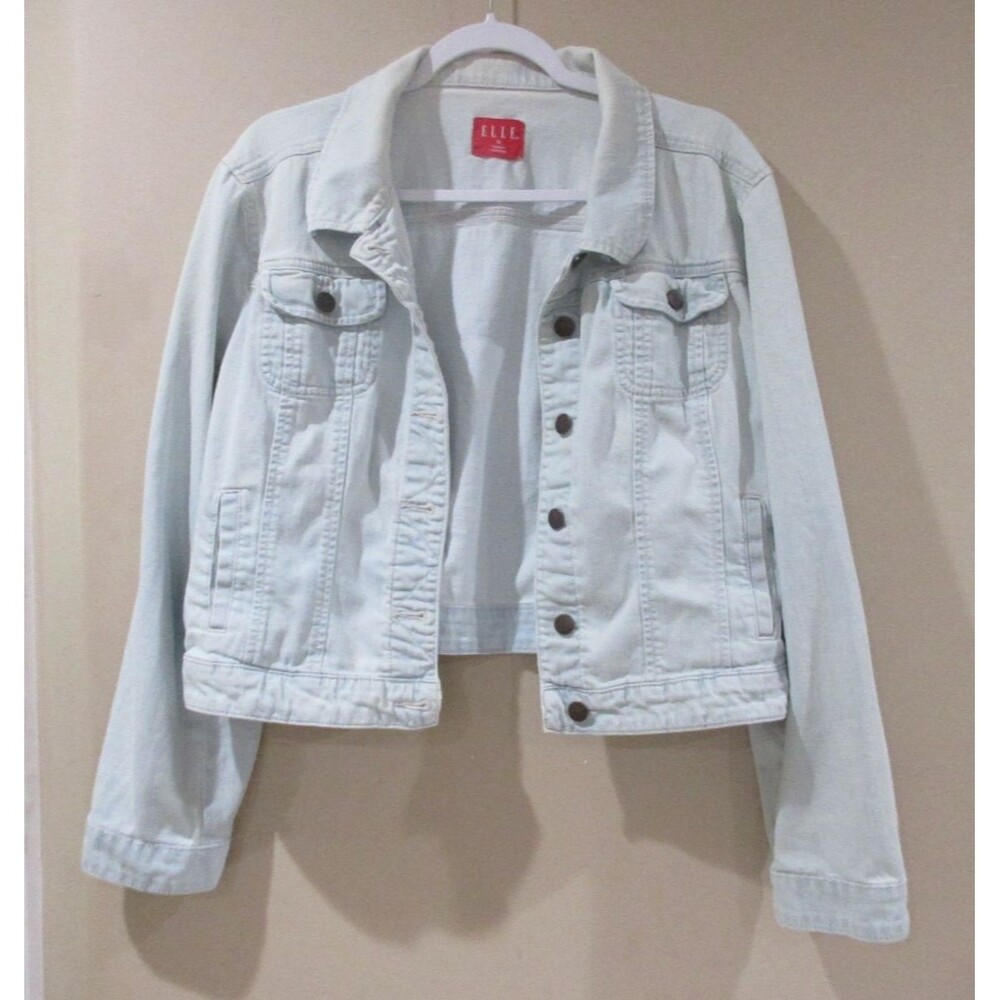 90's Elle Denim Jacket Women XL Blue Faded Button Down Short Cotton